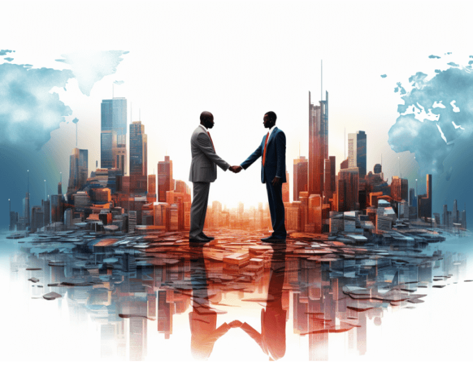 Two business partners shaking hands over a city skyline